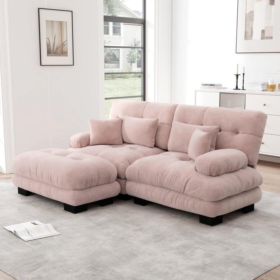 In& out door furniture Cloud Ecksofa voor woonkamer Chenille hoekbank met 2 lendenkussens en 2 decoratieve kussens gepolst bank met brede armleuningen en ottomane Chenille roze