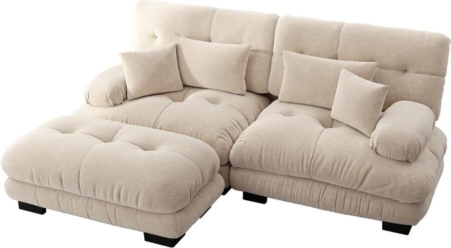 In& out door furniture Cloud Ecksofa voor woonkamer Chenille hoekbank met 2 lendenkussens en 2 decoratieve kussens gepolst bank met brede armleuningen en ottomane Chenille lichtbruin