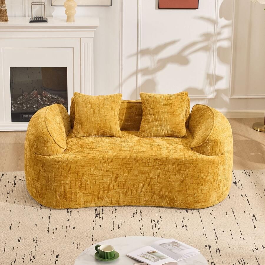 In& out door furniture Gele gebogen tweezitsbank met armleuningen compressiebank met 2 kussens crèmekleurige bank voor kleine ruimtes woonkamer slaapkamer geen montage vereist