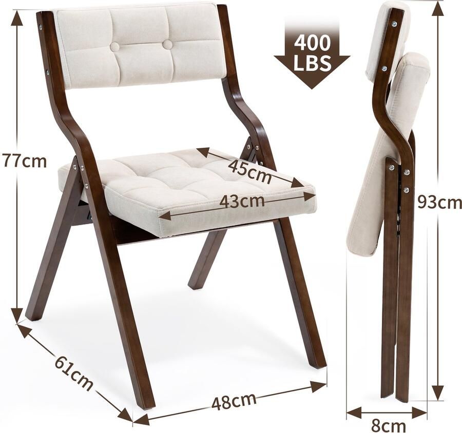 In& out door furniture HOMEFUN Opvouwbare Stoelen met Kussen 2 Stuks Houten Opvouwbare Stoelen met Vulling Draagbare en Gemonteerde Eetkamerstoelen voor Gasten Keuken Kantoor Trouwfeest en Feestje Crème