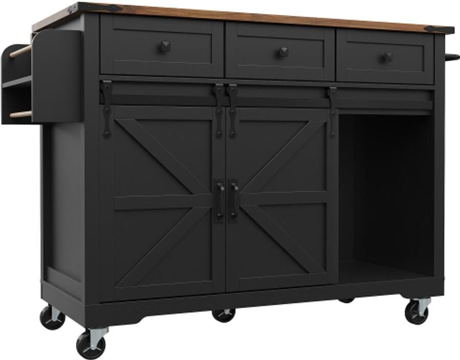 In& out door furniture Keukeneiland serveerwagen met uitschuifbaar werkblad keukenwagen op wielen keukenkast met 2 schuifdeuren en 3 lades eetwagen met houtnerf keukenkast zwart