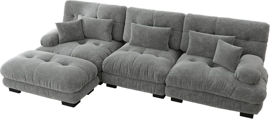 In& out door furniture Luxe modulaire hoekbank Extra grote L-vormige cloud bank voor woonkimmer Diepe slaapbank met ottomane Cord Chenille grijs