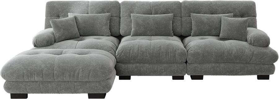 In& out door furniture Luxe modulaire hoekbank Extra grote L-vormige cloud bank voor woonkimmer Diepe slaapbank met ottomane Cord Chenille grijs