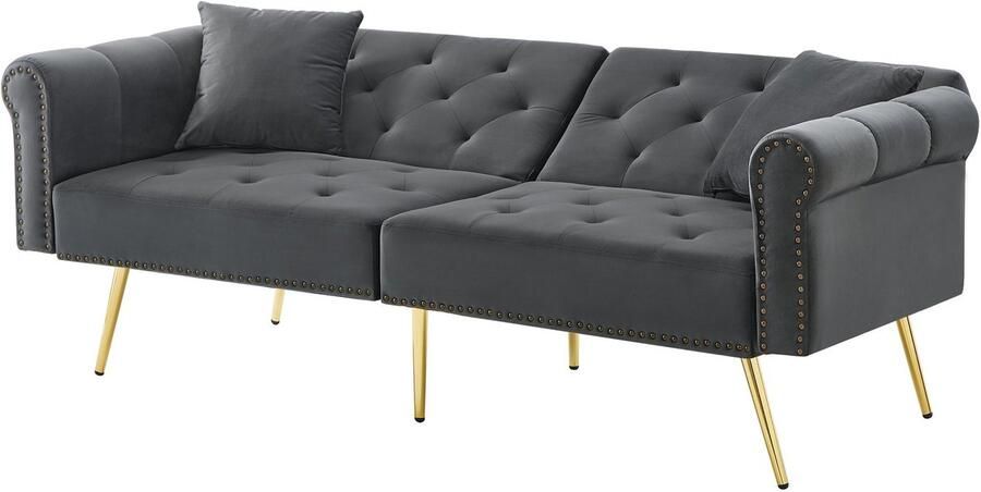In& out door furniture Moderne 2-zits slaapbank – met fluwelen bekleding 3-standen verstelbare rugleuning & vergulde metalen poten. Stijlvolle sofa met slaapfunctie – ruimtebesparend draagkrachtig ideaal voor kleine ruimtes.- grijs
