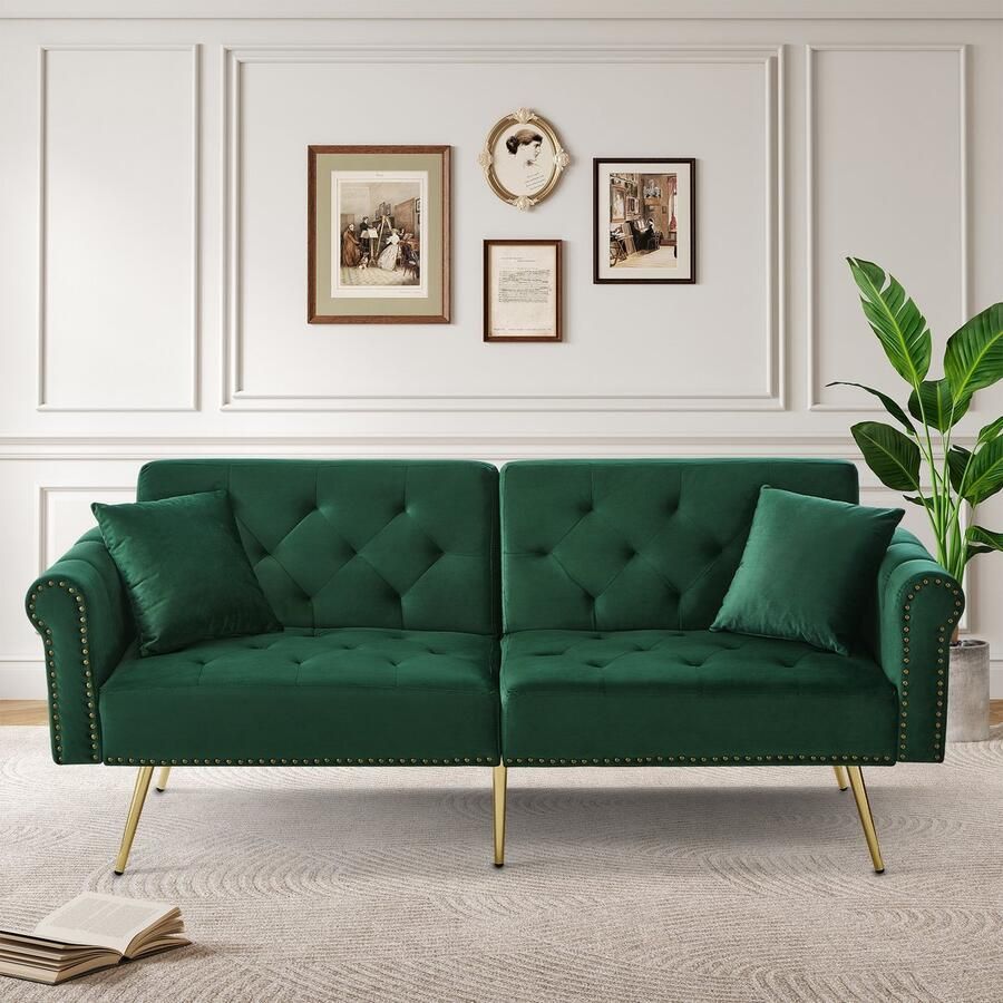 In& out door furniture Moderne 2-zits slaapbank – met fluwelen bekleding 3-standen verstelbare rugleuning & vergulde metalen poten. Stijlvolle sofa met slaapfunctie – ruimtebesparend draagkrachtig ideaal voor kleine ruimtes.- groen