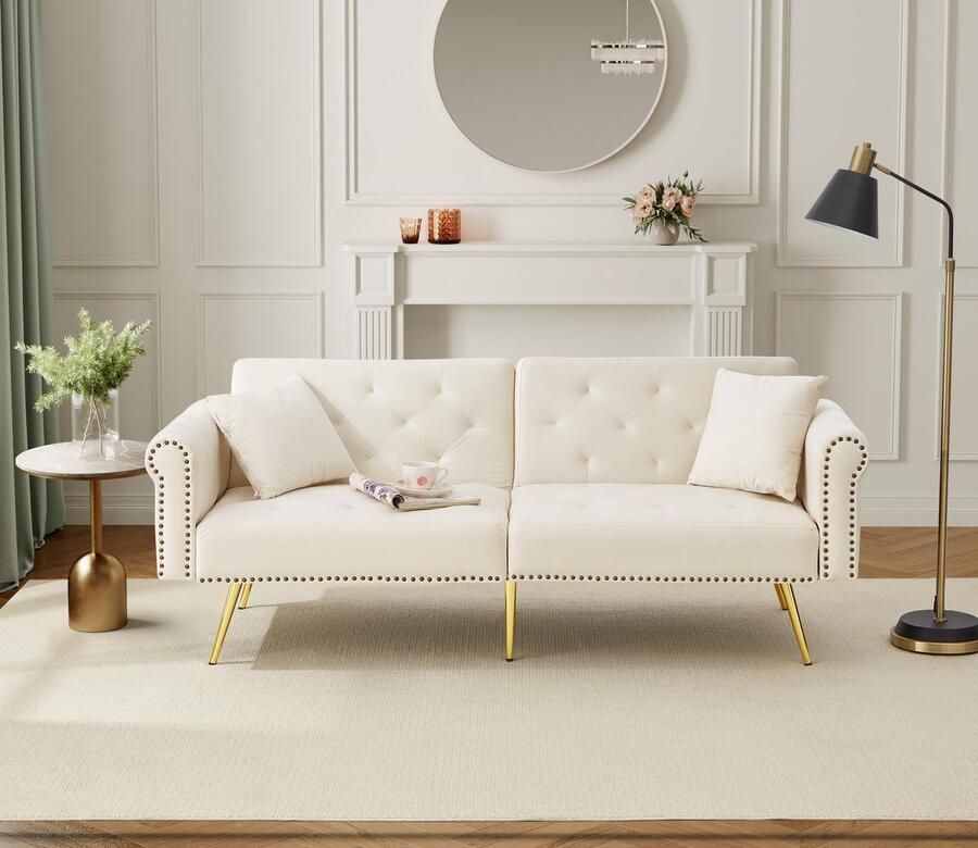In& out door furniture Moderne 2-zits slaapbank – met fluwelen bekleding 3-standen verstelbare rugleuning & vergulde metalen poten. Stijlvolle sofa met slaapfunctie – ruimtebesparend draagkrachtig ideaal voor kleine ruimtes.- Beige