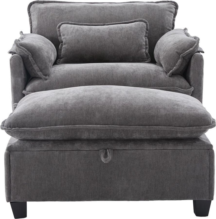 In& out door furniture Moderne extra grote fauteuil met voetenbank en kruk fluwelen loungestoel met zijvakken en kussens comfortabele leesstoel voor woonkamer slaapkamer en appartement（grijs）