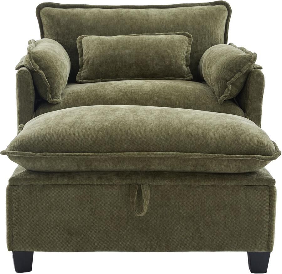 In& out door furniture Moderne extra grote fauteuil met voetenbank en kruk fluwelen loungestoel met zijvakken en kussens comfortabele leesstoel voor woonkamer slaapkamer en appartement （ groen）