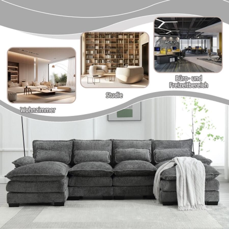 In& out door furniture Moderne U-vormige bank modulaire 4-zitsbank 4 lendenkussens voor lendenbescherming en ergonomisch design woonkamerbank met houten structuur en ijzeren frame duurzaamheid grijs