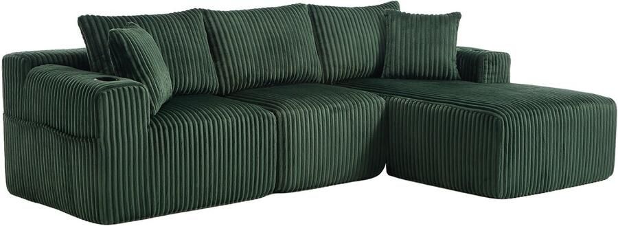 In& out door furniture Modulaire bank set met chaise longue & 2-zitsbank zacht koeiedoek met 5 kussens zijzakken & drankhouders hoogdicht schuim DIY-combinatie ideaal voor woonkamer appartement & studio-Smaragd