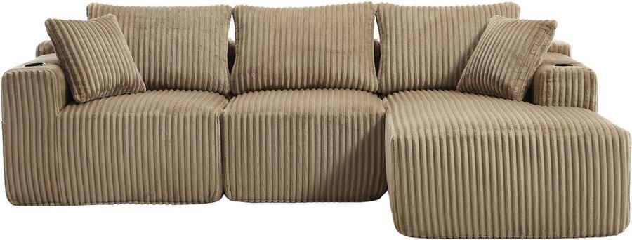 In& out door furniture Modulaire bank set met chaise longue & 2-zitsbank zacht koeiedoek met 5 kussens zijzakken & drankhouders hoogdicht schuim DIY-combinatie ideaal voor woonkamer appartement & studio-Khaki