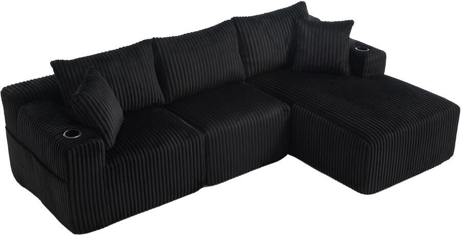 In& out door furniture Modulaire bank set met chaise longue & 2-zitsbank zacht koeiedoek met 5 kussens zijzakken & drankhouders hoogdicht schuim DIY-combinatie ideaal voor woonkamer appartement & studio-Zwart