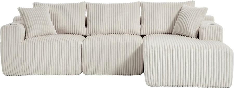 In& out door furniture Modulaire bank set met chaise longue & 2-zitsbank zacht koeiedoek met 5 kussens zijzakken & drankhouders hoogdicht schuim DIY-combinatie ideaal voor woonkamer appartement & studio-Beige