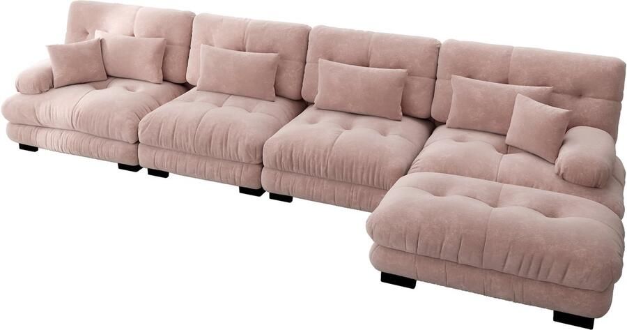 In& out door furniture Modulaire hoekbank L-vormige bank set voor woonkamer 4-zits comfortabele cloud banken met verrijdbare ottomane DIY-combinatie chenille roze