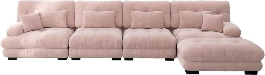 In& out door furniture Modulaire hoekbank L-vormige bank set voor woonkamer 4-zits comfortabele cloud banken met verrijdbare ottomane DIY-combinatie chenille roze
