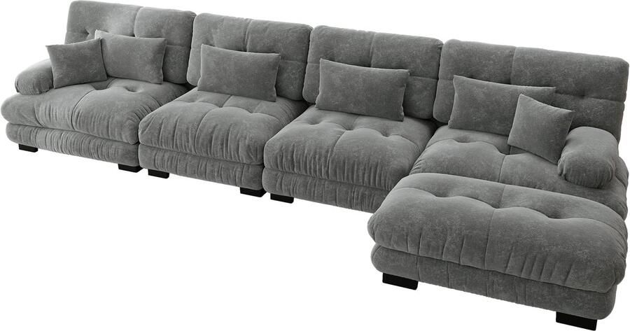 In& out door furniture Modulaire hoekbank L-vormige bank set voor woonkamer 4-zits comfortabele cloud banken met verrijdbare ottomane DIY-combinatie chenille donkerrijs