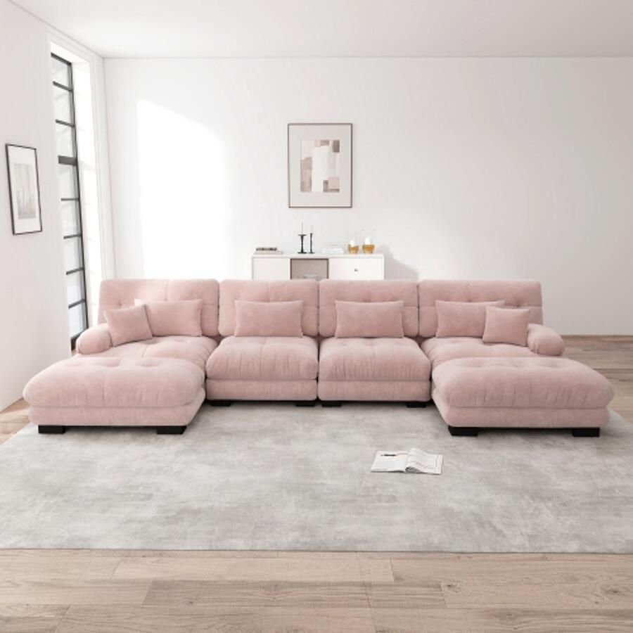 In& out door furniture Modulaire hoekbank U-vormige bank set voor woonkamer 4-zits comfortabele cloud banken met beweegbare ottoman DIY-combinatie chenille roze