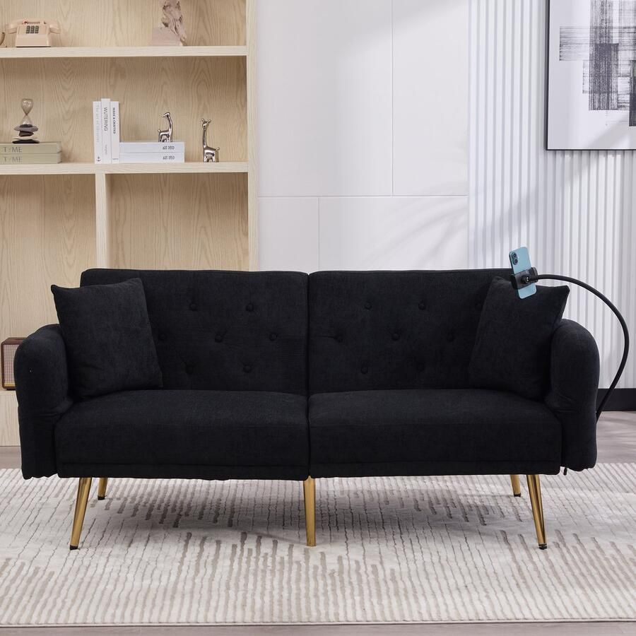 In& out door furniture Multifunctionele sofa-bed voor twee personen met verstelbare rugleuning twee USB-aansluitingen telefoonhouder zijzak en metalen poten – een moderne slaapbank als zitmeubel of gastenbed-zwart