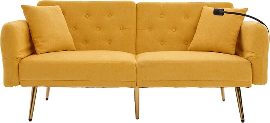 In& out door furniture Multifunctionele sofa-bed voor twee personen met verstelbare rugleuning twee USB-aansluitingen telefoonhouder zijzak en metalen poten – een moderne slaapbank als zitmeubel of gastenbed-geel