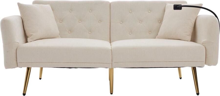 In& out door furniture Multifunctionele sofa-bed voor twee personen met verstelbare rugleuning twee USB-aansluitingen telefoonhouder zijzak en metalen poten – een moderne slaapbank als zitmeubel of gastenbed- beige
