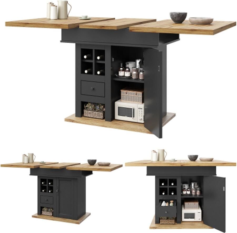 In& out door furniture Telescopische eettafel (110-140×80cm) opvouwbare keukentafel voor 4-6 personen uitschuifbare eettafel ruimtebesparende keukentafel voor keuken en woonkamer eettafel met wijnrek en lades