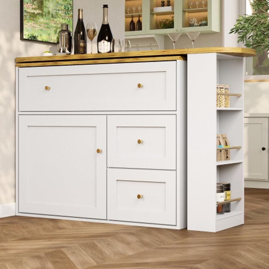 In& out door furniture Uitschuifbare bar met opbergruimte (138-204×39×105 cm) keukenkast sideboard met snackplank telescopische bar sta-tafel bistrotafel hoge tafel keukeneiland