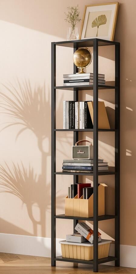 IN-HOMEXL IN.HOMEXL Zents Boekenkast Moderne Industriële Boekenkast Vrijstaand 5-Laags Opbergrek 5 Lagen Zwart 39 x 30 x 187 cm