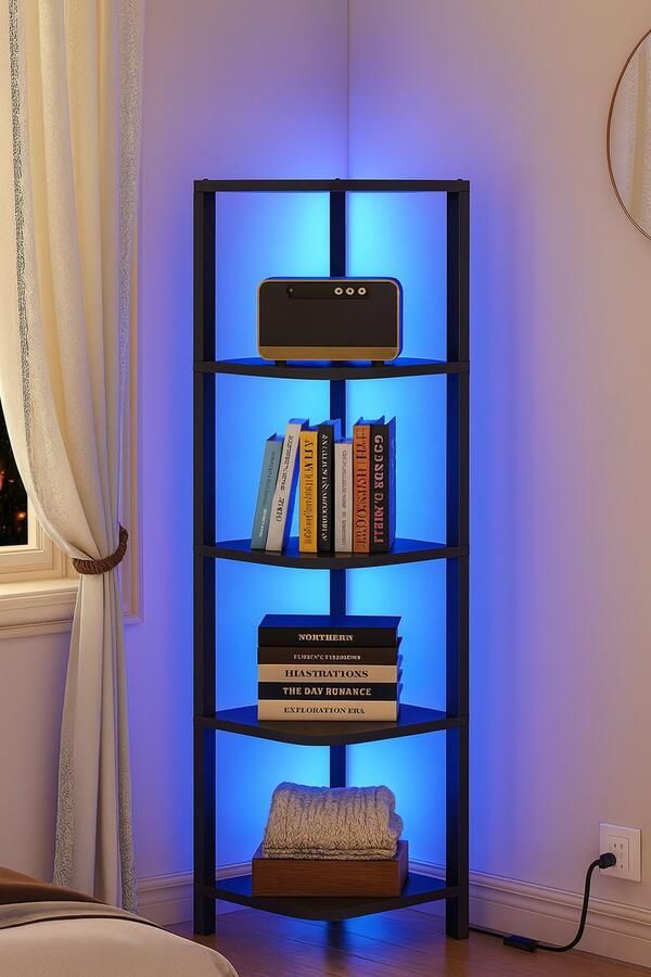 IN-HOMEXL Boekenkast Zwart met LED – Industrieel Boekenkast Hoekrek met 5 Planken – Compacte Boekenkast voor Kleine Ruimtes – 25x25x120 65cm – Woonkamer Slaapkamer Kantoor