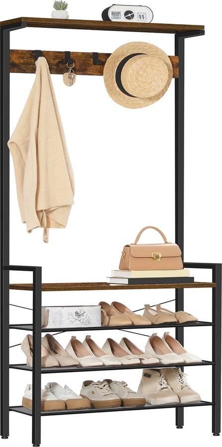 IN-HOMEXL IN.HOMEXL Kapstok Garderoberek Schoenenrek Opbergrek Bruin 84x33x183cm Jonas