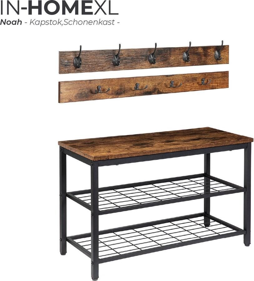 IN-HOMEXL IN.HOMEXL Schoenenrek Met Kapstok Schoenenrek met Zitbank Schoenenkast Bruin Noah 10 Haken 70x30x46 cm