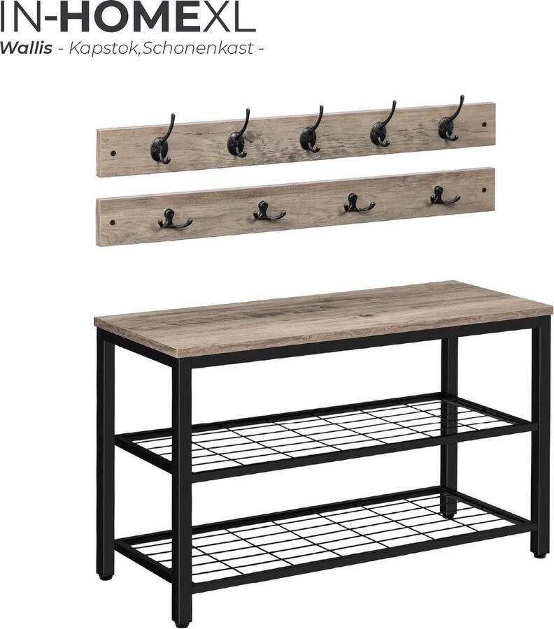 IN-HOMEXL IN.HOMEXL Schoenenrek Met Kapstok Schoenenrek met Zitbank Schoenenkast Grijs Wallis 10 Haken 70x30x46 cm