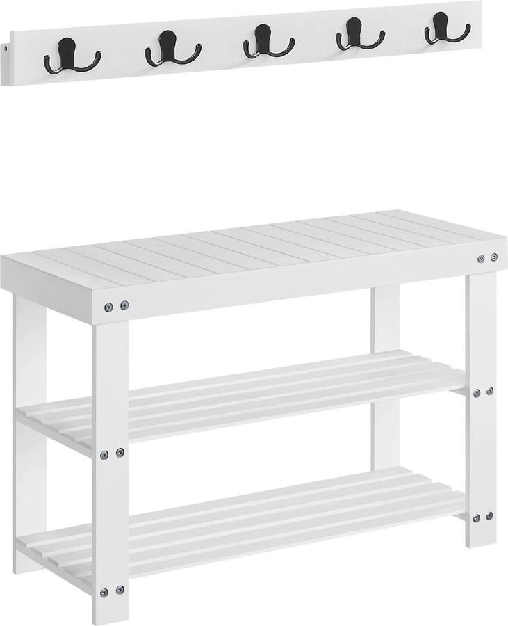 IN-HOMEXL IN.HOMEXL Schoenenrek met Wandkapstok Set Zitbank Schoenenkast Multifunctioneel 5 Metalen Haken 3-laags Bamboe Wit 28x70x45cm Bambus