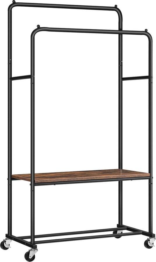 IN-HOMEXL Orbite Kledingrek op wieltjes Kledingrek metaal Kledingrek Hout Kledingrek dubbel Grijs Zwart 156cm x 84 cm x 45cm