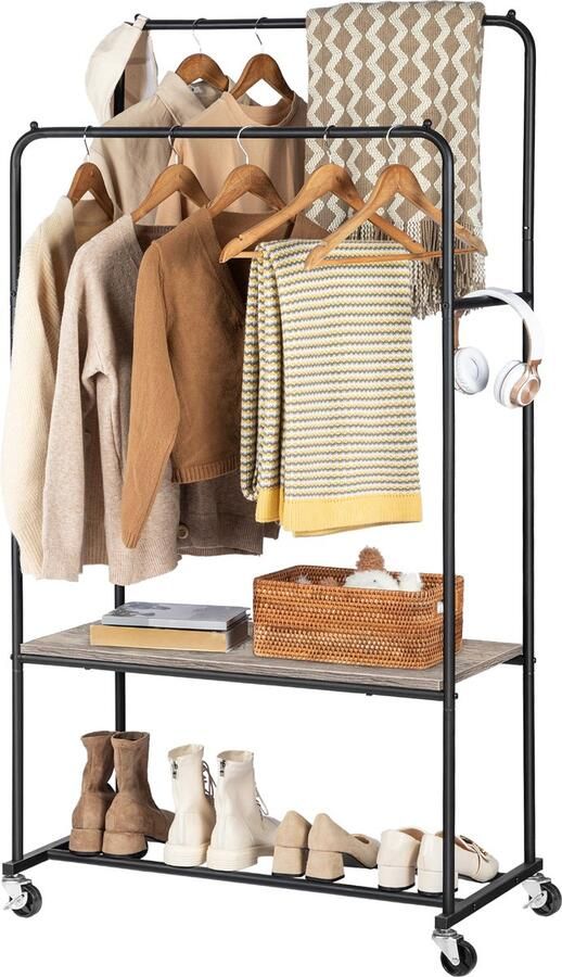 IN-HOMEXL Orbite Kledingrek op wieltjes Kledingrek metaal Kledingrek Hout Kledingrek dubbel Grijs Zwart 156cm x 84 cm x 45cm - Foto 2