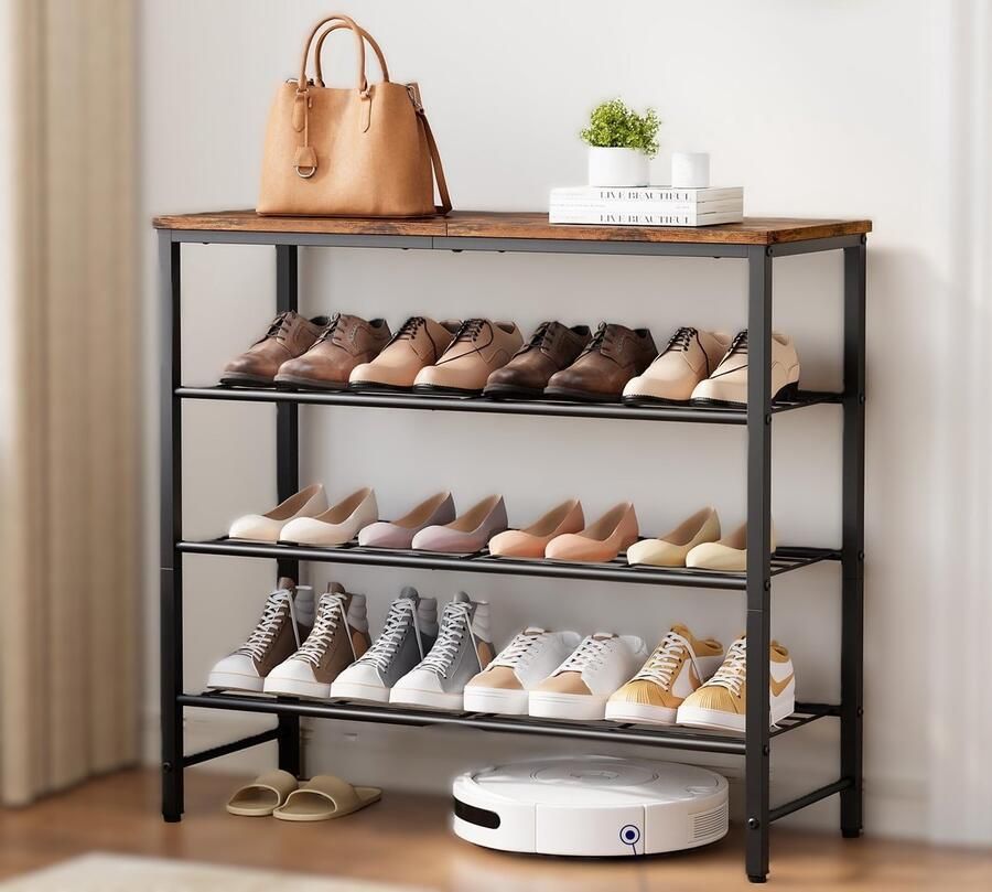 IN-HOMEXL Schoenenrek 3 Lagen – Industrieel Schoenenkast – Hout & Metaal – 75×29×63cm – Zwart Bruin – Sitpin – IN.HOMEXL - Foto 2