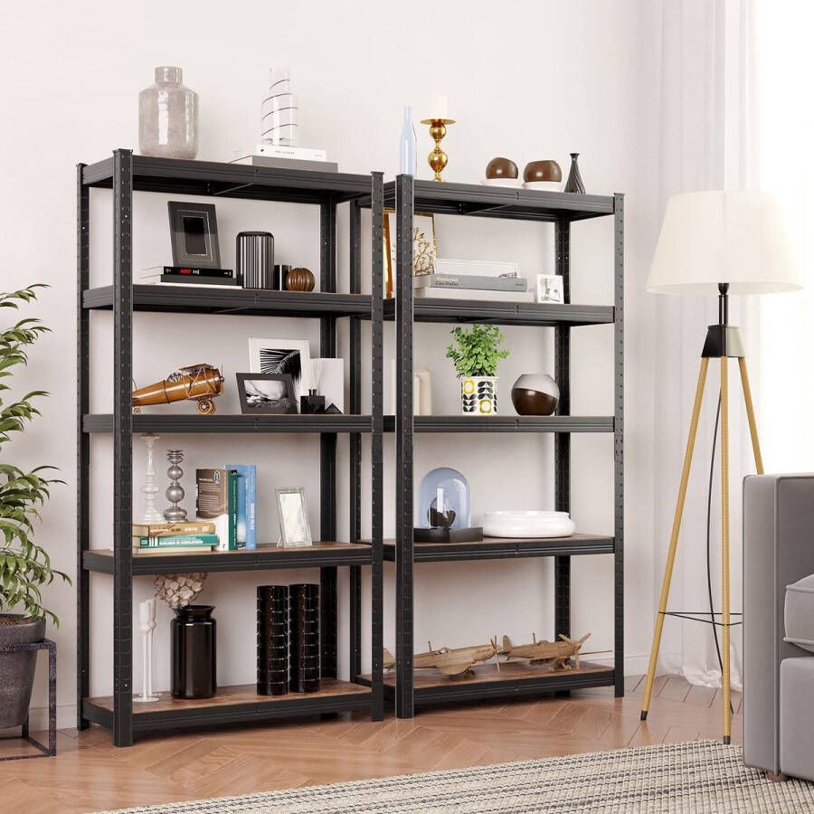 IN-HOMEXL IN.HOMEXL Burns Set van 2 Stellingkast Opbergrek 5 Planken 875 kg Draagkracht 180 x 90 x 40 cm Metaal MDF RVS Zwart