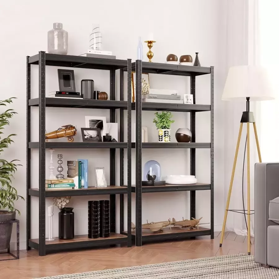 IN-HOMEXL IN.HOMEXL Burns Set van 2 Stellingkast Opbergrek 5 Planken 875 kg Draagkracht 180 x 90 x 40 cm Metaal MDF RVS Zwart