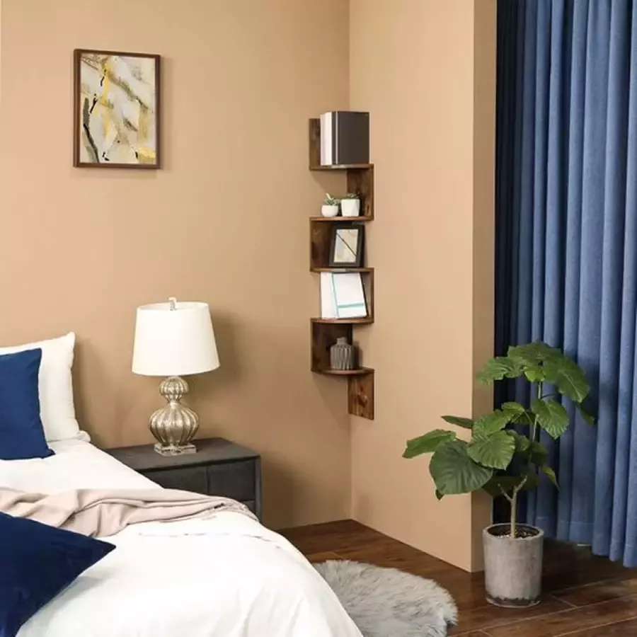 IN-HOMEXL IN.HOMEXL Cemelia Hoekrek met 5 niveaus wandrek met zigzag-design boekenrek 20 x 20 x 127 5 cm