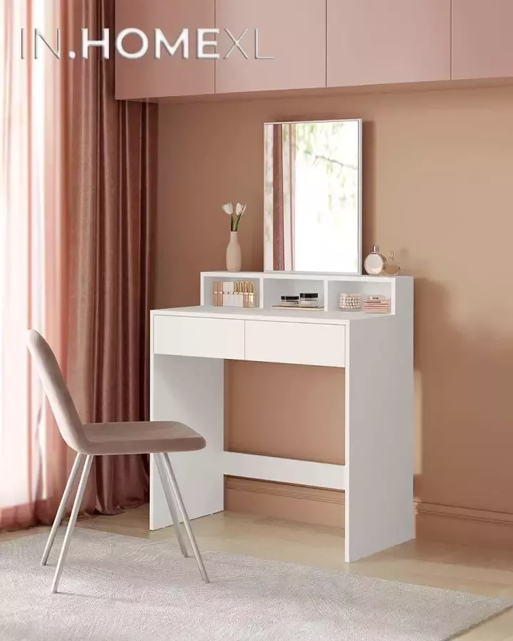 IN-HOMEXL IN.HOMEXL Kaptafel Cloudy Make up tafel Make up spiegel Kaptafel met spiegel en verlichting Toilettafel Met Kruk 135cm x 90cm x 36cm Wit Grijs