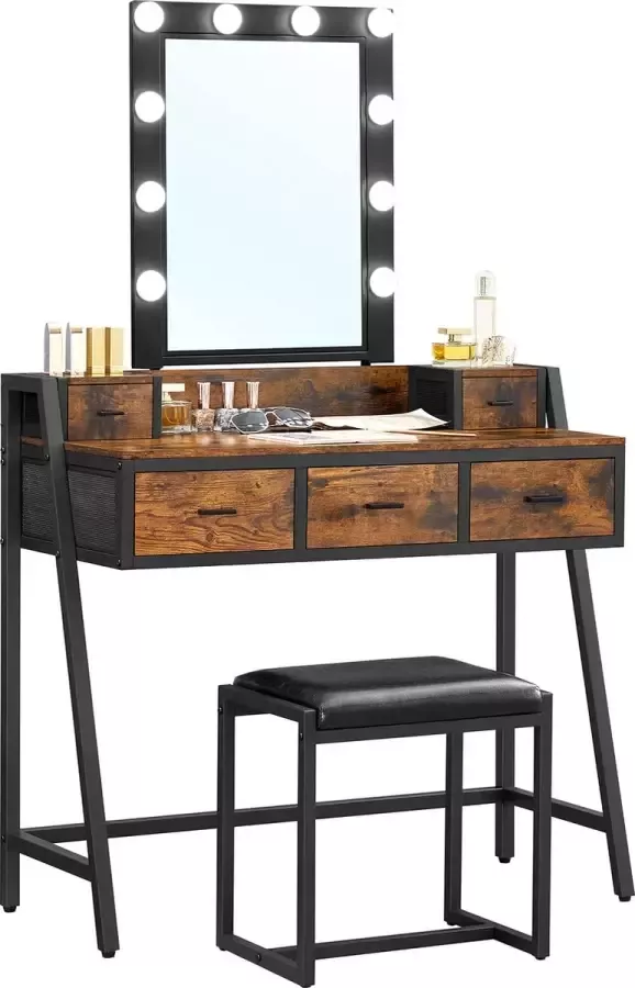 IN-HOMEXL IN.HOMEXL Leendert Led Kaptafel Make up tafel Kaptafel met spiegel en verlichting Make up Toilettafel Met lades 145 cm x 90 cm x 40 cm Vintage Bruin Zwart