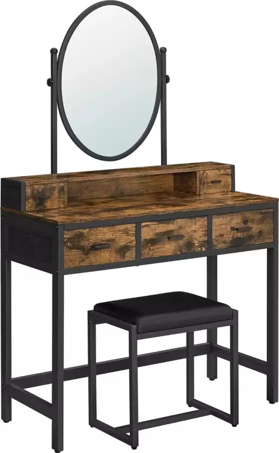 IN-HOMEXL IN.HOMEXL Make up tafel Dianah Kaptafel met Kruk Kaptafel met spiegel Make up Toilettafel 148 cm x 90 cm x 40 cm Vintage Bruin Zwart