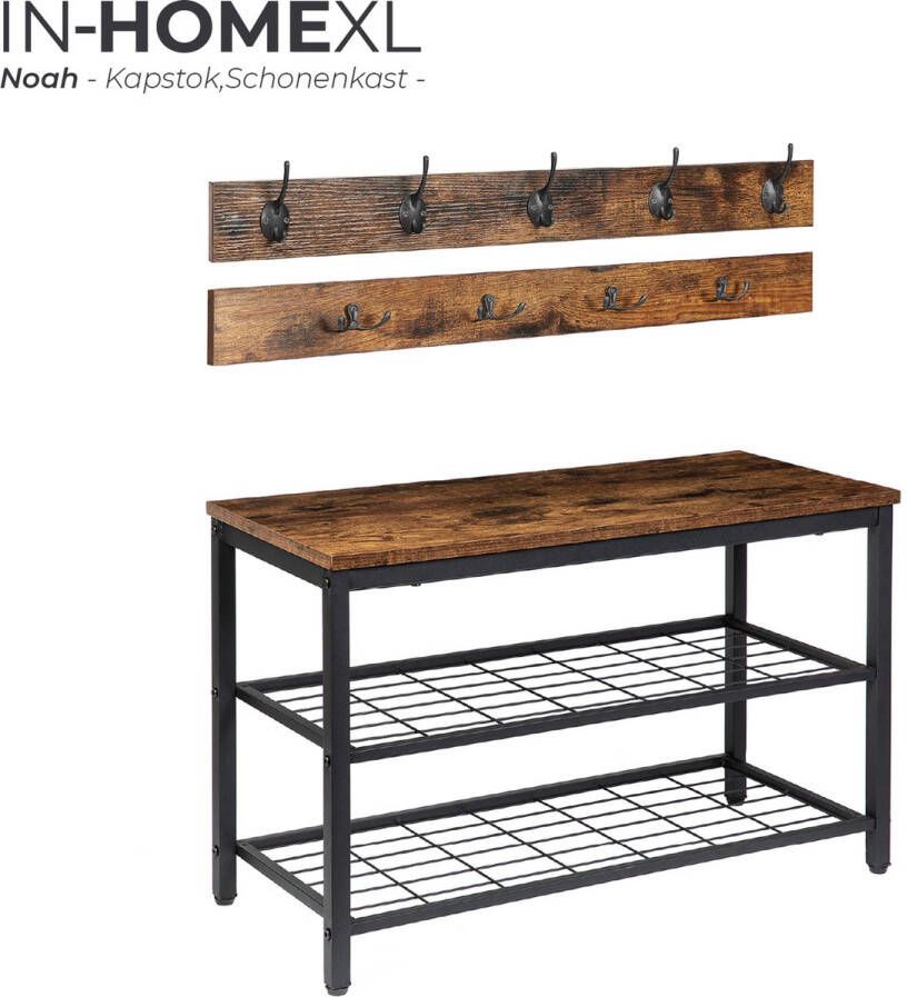 IN-HOMEXL IN.HOMEXL Noah Kapstok Schoenenrek Set Wandkapstok met Zitbank Industrieel Schoenenrek Bruin Zwart 70x 8 cm met 10 Haken – 73x30x46 cm