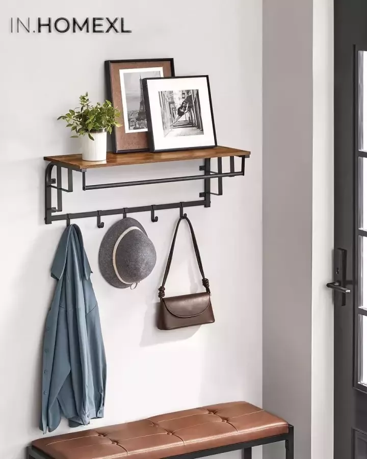 IN-HOMEXL IN.HOMEXL PrimeRack Vintage Kapstok met Hoedenplank Wandkapstok van Metaal en Hout voor een Rustiek Interieur Functioneel Ontwerp voor Jassen en Accessoires Stabiel en Onderhoudsvriendelijk 80x30x27cm
