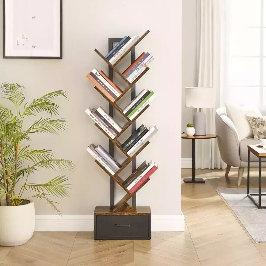 IN-HOMEXL IN.HOMEXL Skelton Boekenkast met 8 planken en lades- Industriële boekenplank – Industrieel Boekenrek Metaal Hout Zwart Bruin 143 x 39 x 23 cm - Foto 1