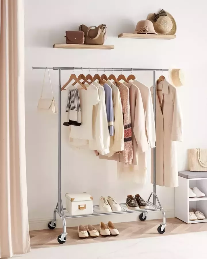 IN-HOMEXL IN.HOMEXL Vincente Kledingrekken Kledingrek metaal Kledingrek op wieltjes Belastbaar tot 50 kg Verstelbaar 110 x 49 x 160 cm (L x B x H) – Chrome
