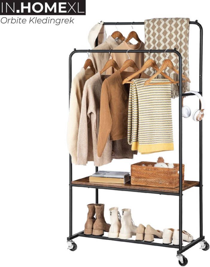 IN-HOMEXL Orbite Kledingrek op wieltjes Kledingrek metaal Kledingrek Hout Kledingrek dubbel Grijs Zwart 156cm x 84 cm x 45cm - Foto 3