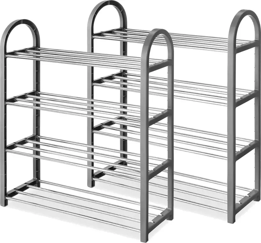 In Round Ruimtebesparend Schoenenrek – 2 pack Grijs Chroom – 4 Laags – Voor 8 Paar Schoenen – Schoenenplank – Shoe Rack – Storage Kast– Shelf Rek Opbergen – Schoenenkast Opbergrekje – Metaal Kunststof Schoenrek – Schoenrekje