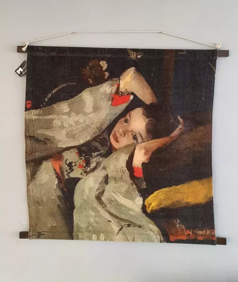 In The Mood Collection Wandkleed Wanddoek Meisje Zwart 90x90 cm Kleine meisje in bed velvet