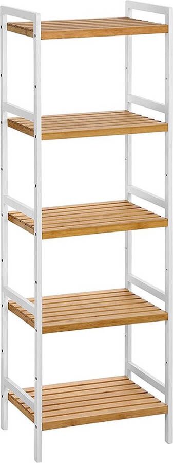 Inandoutdoormatch Bamboe Plank Birgit Boekenplank Staande Plank 5 Planken 45x31.5x142cm Badkamer Keuken Woonkamer Natuurlijk Wit Vaderdag cadeau