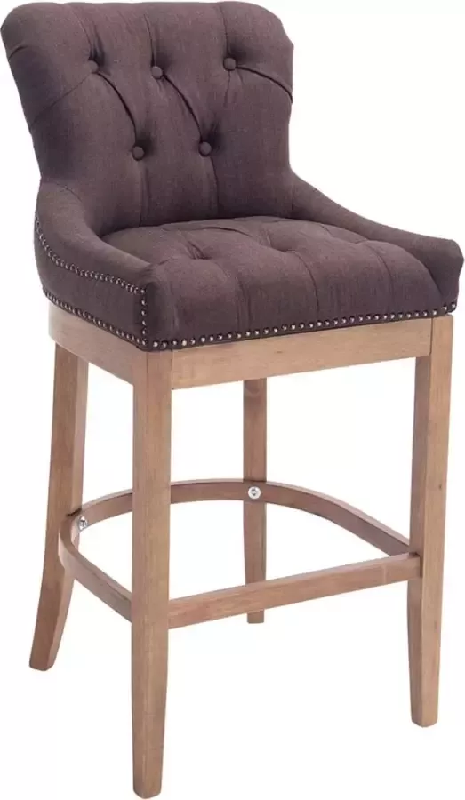 In and outdoor match Barkruk chesterfield style antiek bruin stof naturel houten poten zithoogte 74 cm met rugleuning en voetensteun met messing spijkers deluxe